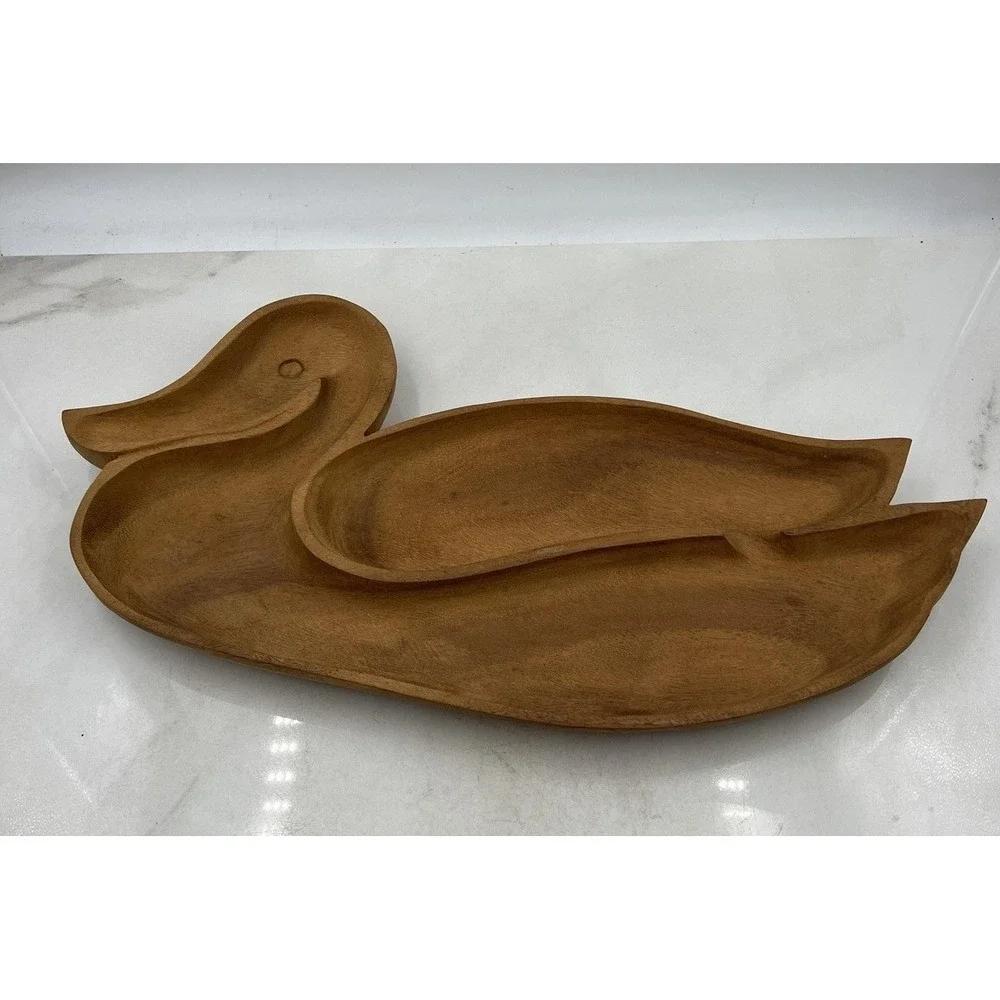 Vintage Wooden Duck Serving Tray 3 Section Nut Dish Hand Carved Philippines Wood